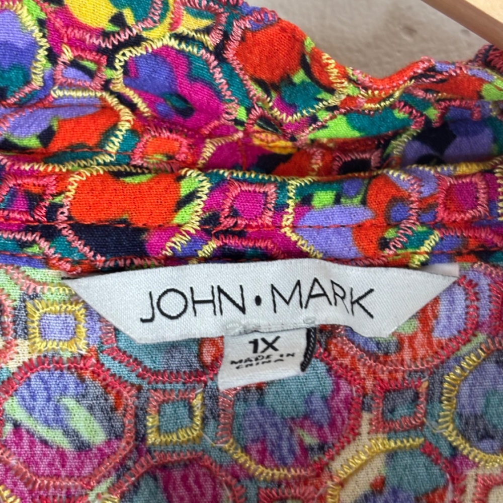 John Mark Top 1x Multicolor Embroidered Button Up… - image 6
